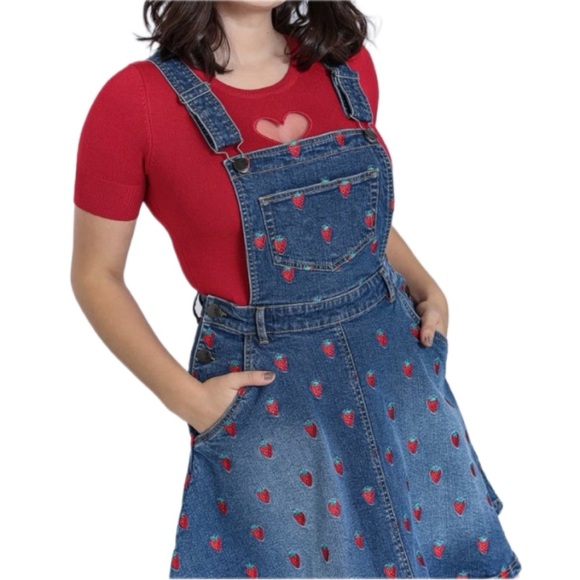 HELL BUNNY Strawberry Denim Pinafore Dress Pinup Novelty Embroidered Size M - Picture 11 of 11